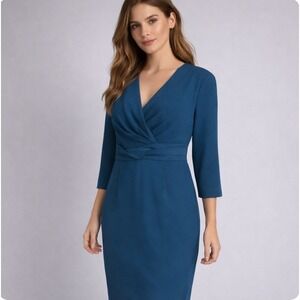 2/$30 Classiques Entier Blue Wrap‎ Sheath Dress 3/4 Sleeve Knee-Length 2